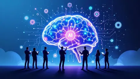 It professionals collaborating ai brain network gears circuit patterns small business