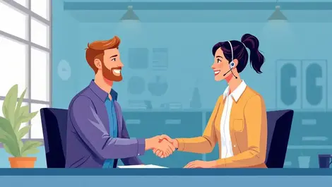 Two people shaking hands across desk smiling customer service interaction office