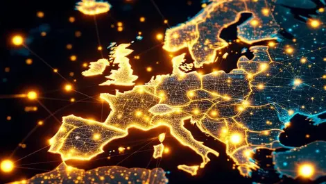 Modern cars data sharing glowing lines europe map digital connectivity smart fleet