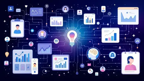 Network interconnected customer profiles data charts ai brain central node