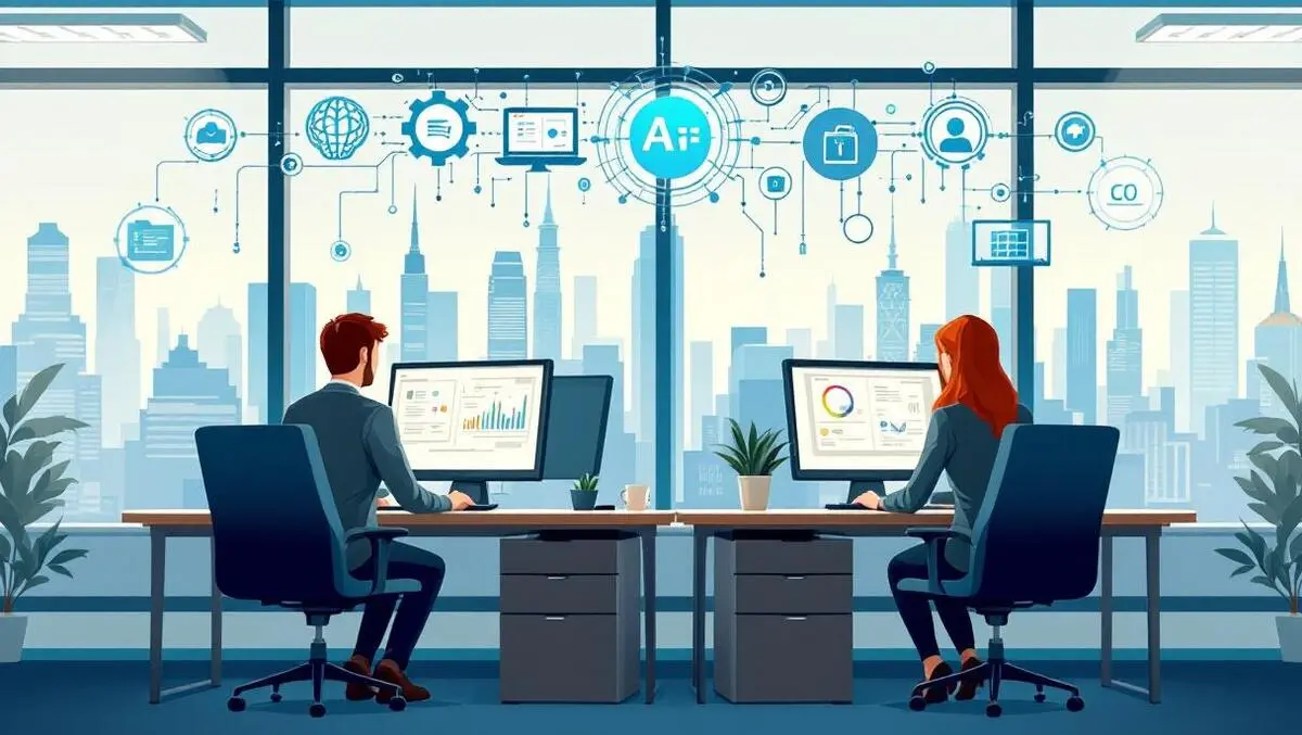 Canadian office workers computers ai data security icons modern cityscape