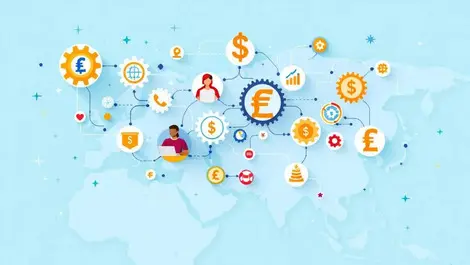 Interconnected gears financial symbols network over map europe asia africa