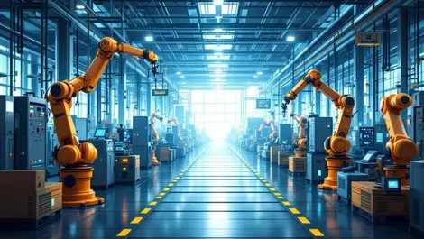 Modern industrial factory floor advanced machinery robotic arms iot automation
