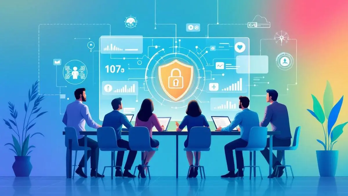 Finance healthcare professionals collaborating cybersecurity digital shield lock