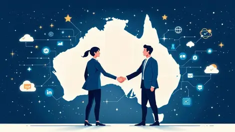 Business professionals shaking hands australia new zealand it cloud icons
