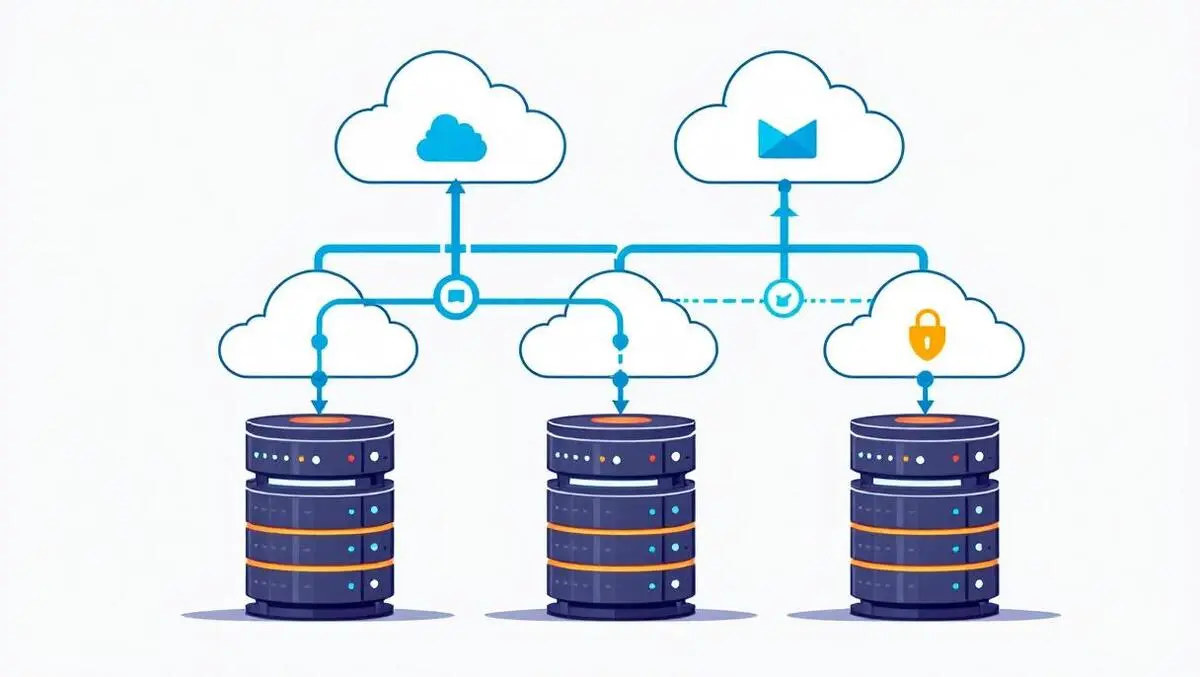 Illustration multiple colored clouds over database servers data streams secure