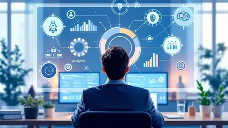 Business leader analyzing digital dashboard ai analytics strategy organization