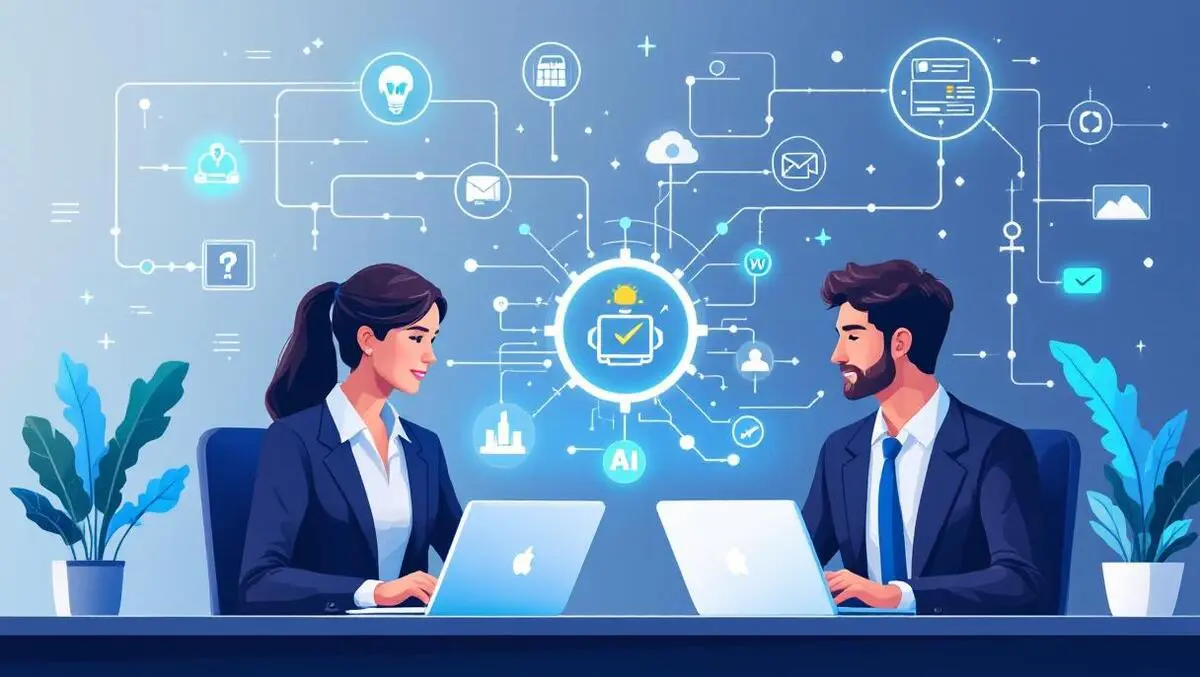 Business professionals laptops digital interface icons ai process automation