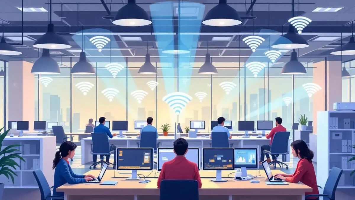 Modern office wireless routers access points laptops tablets wi fi network