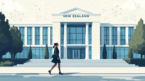 Professional woman walking away from modern new zealand government office cybersecurity