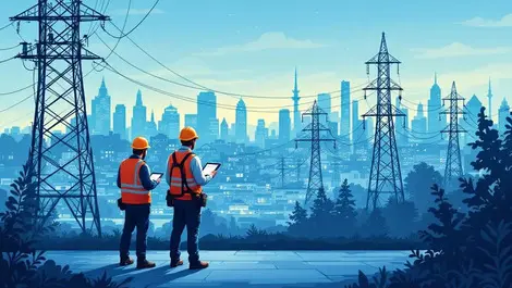 Field utility workers digital tablets inspecting power lines uk europe energy sector