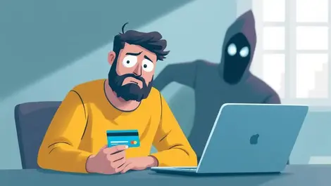 Worried person looking at laptop with bank card shadowy figure uk online financial scams