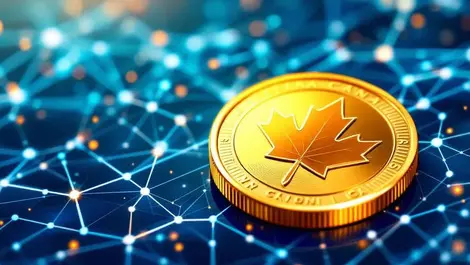 Shiny gold canadian maple leaf coin on digital blockchain network background