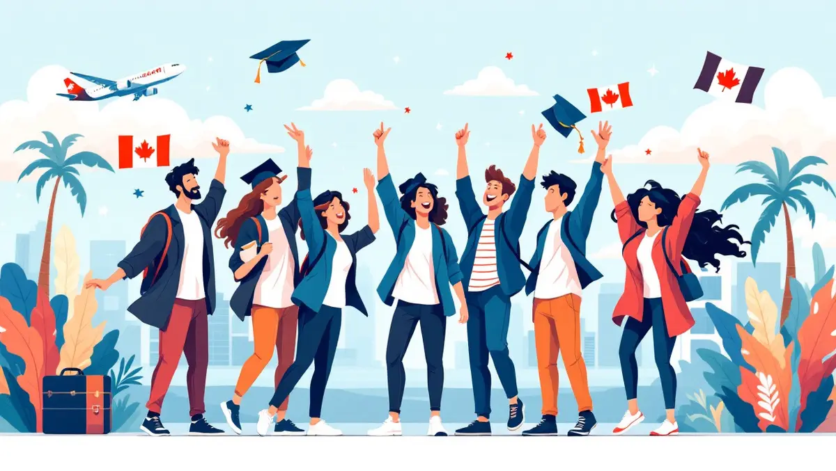 Canadian college students graduation celebration travel icons airplane palm trees