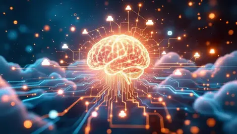 Interconnected data streams cloud icons glowing brain ai power digital nodes