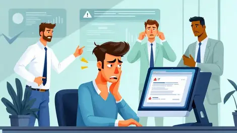Stressed office worker making mistake computer error icons it professionals