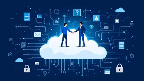 Businesspeople shaking hands over digital cloud with data streams and security icons australian business collaboration