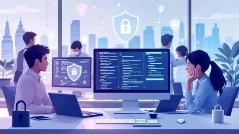 Cybersecurity researchers analyzing code with digital shields in singapore skyline office