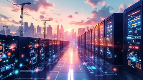 Realistic modern data centers server racks digital streams australian cityscape tech infrastructure