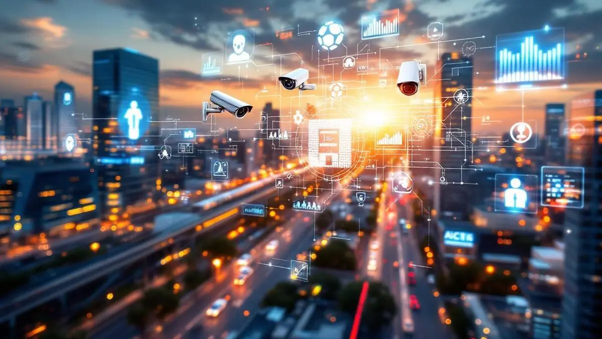 Realistic security cameras monitoring modern cityscape with data automation