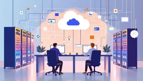 Modern office programmers computers cloud icons connected server racks vector