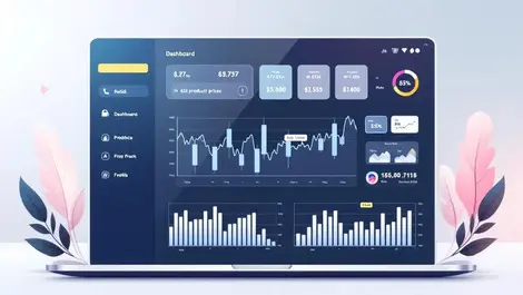 Digital dashboard interface real time product prices fluctuating graphs shopping cart retail tags