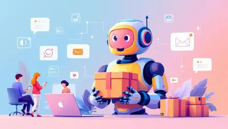 Friendly lifelike robot assisting online shopping with digital icons ecommerce support