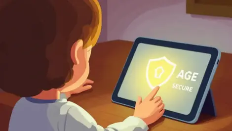 Young child using tablet with protective shield icon symbolizing online safety