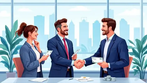 Australian office workers holding paychecks shaking hands with sydney skyline