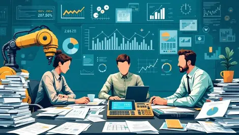 Finance team conference table old calculators robot arm data analysis graphs risk management