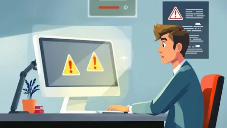 Realistic office workspace employee concerned computer warning symbols cybersecurity risks