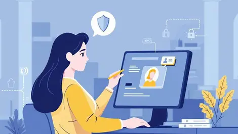 Bank employee verifying customer identity digital authentication security symbols