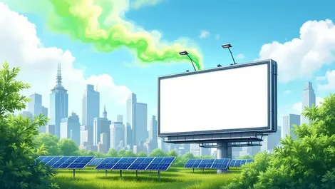 Digital billboard cityscape solar panels green emission clear skies trees