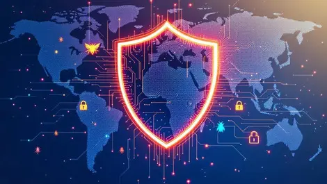 Digital cybersecurity shield circuit patterns threat icons world map middle east