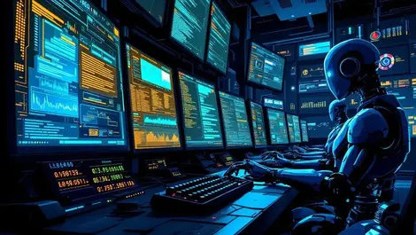 Dark control room robotic arms typing on keyboards automated cyber attacks