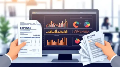 Close up hands holding receipts expense documents computer data analysis