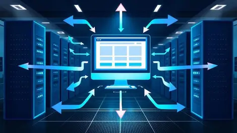 Realistic illustration server racks flowing arrows load balancing in modern office