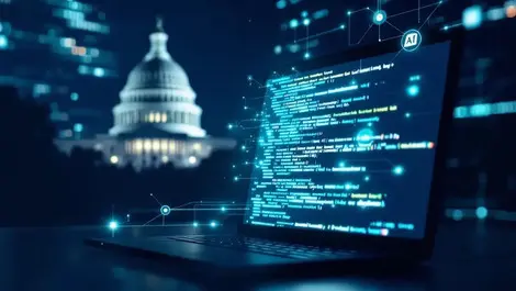 Realistic computer with code and us capitol silhouette digital ai network