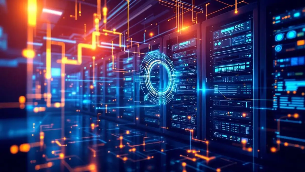 Computer server room filled with racks monitors glowing lines machine learning processes