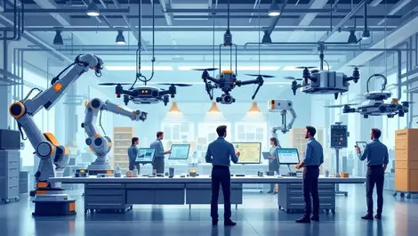 Modern robotics laboratory advanced robotic arms drones industrial sensors professionals