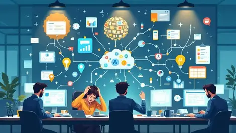 Overwhelmed office workers chaotic web disconnected applications ai icons