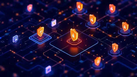 Secure digital network interconnected nodes shield icons safe data flow enterprise ai