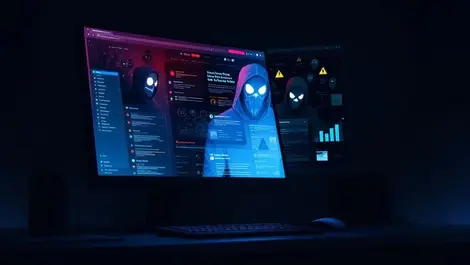 Shadowy hidden browser window warning symbols masked figures