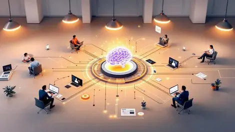 Modern office ai workflow diagram brain hub automation collab