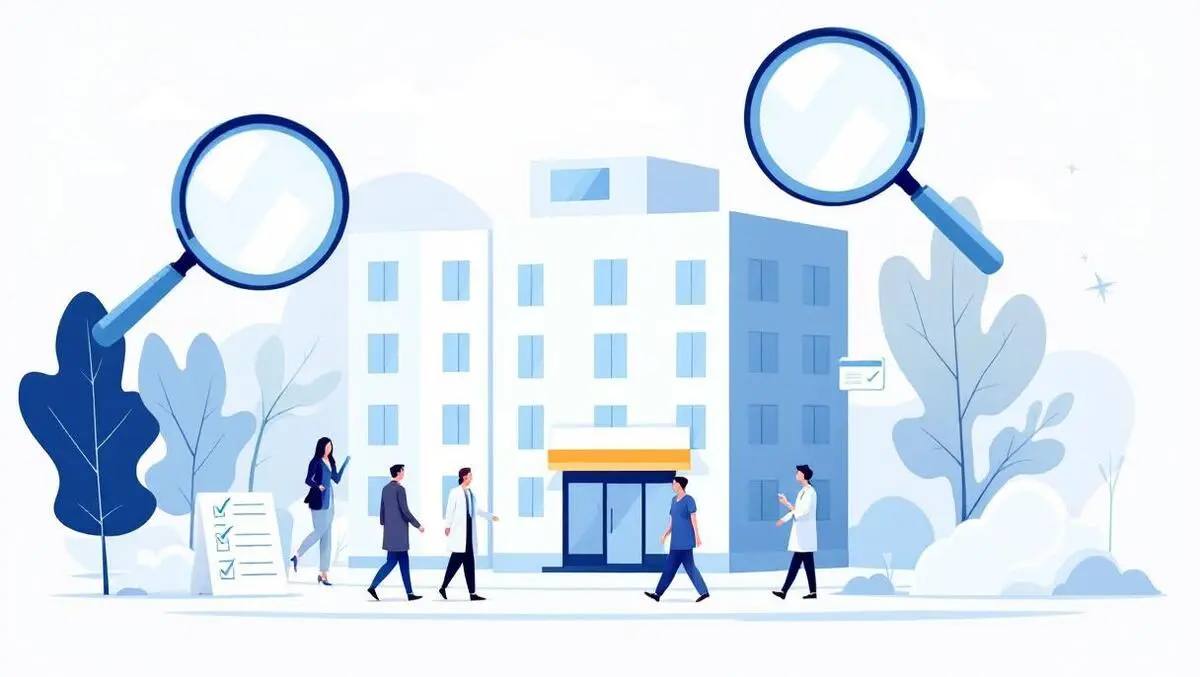 Modern healthcare hospital under scrutiny magnifying glasses checks