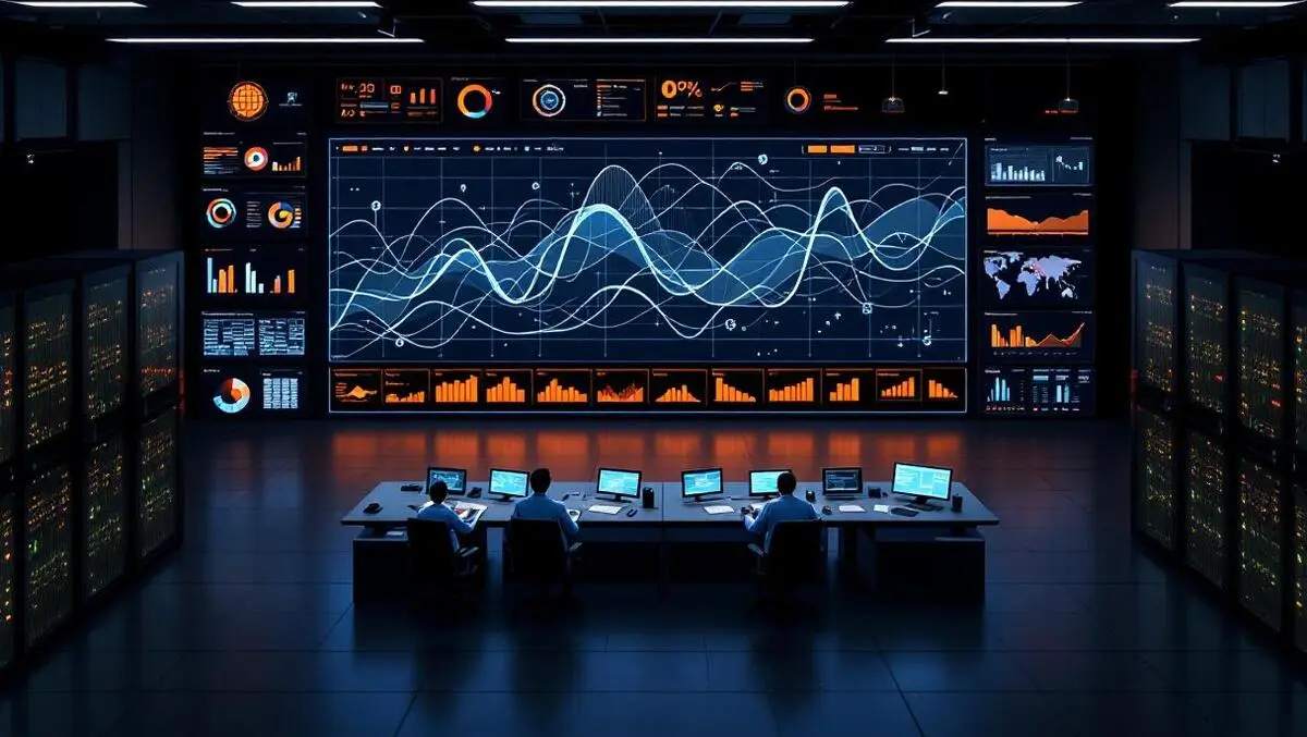 High angle data center control room flowing dashboards cloud infra