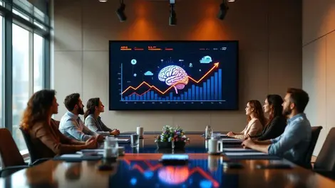 Global executive boardroom ai brain icons financial growth chart