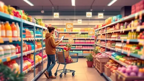 Supermarket aisle shopper phone discount data flow modern scene