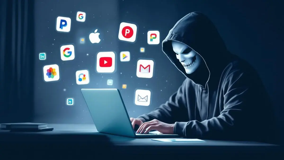 Hooded hacker laptop phishing icons morphing into sinister masks