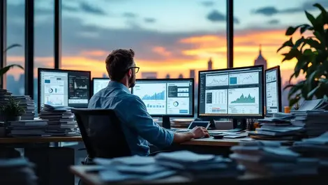 Australian cfo dusk office streamlined financial dashboards scene